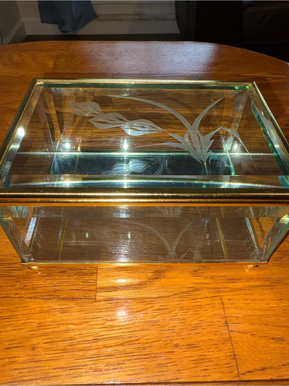 Vintage Etched Glass Trinket Jewelry Box Glass Bottom Beveled Edge Gold Trim